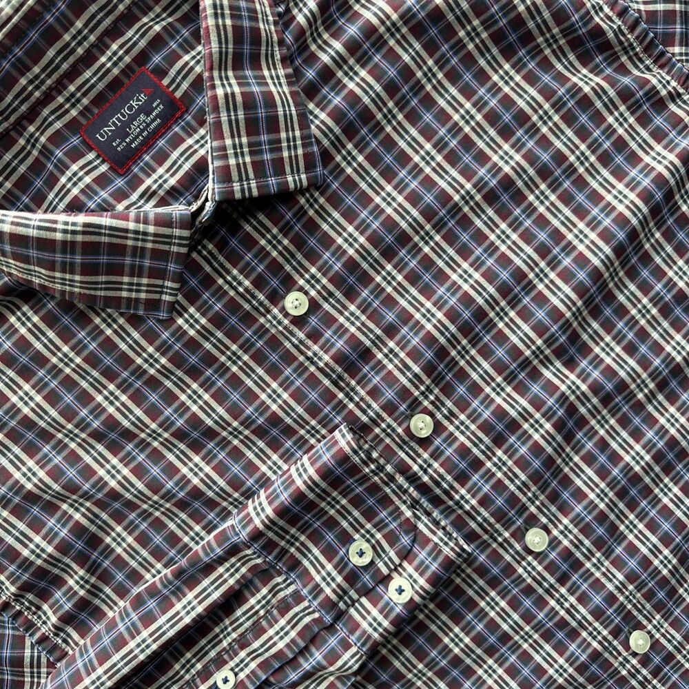 UNTUCKit Men's L Long Sleeve Cotton Flannel Slim Fit Button Down Navy Plum Plaid